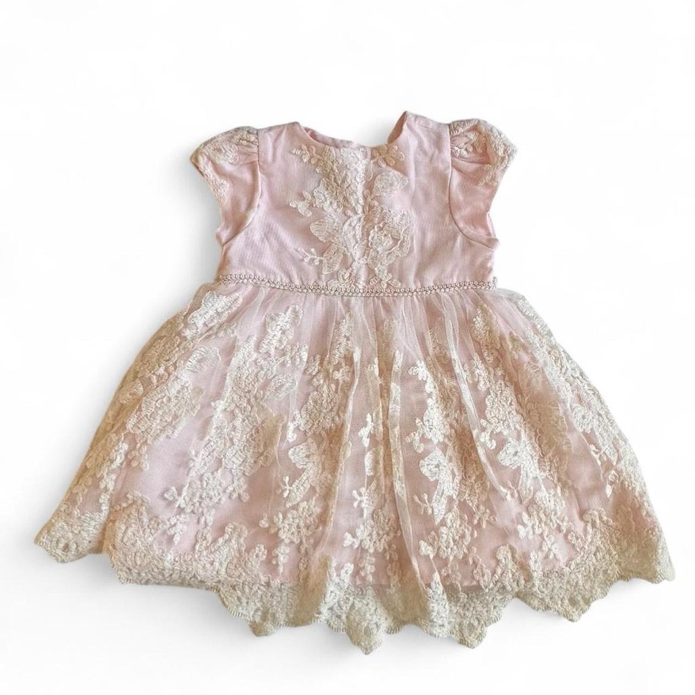Pippa & Julie Pink Lace Baby Dress Size 12M Floral Embroidered Party Dress